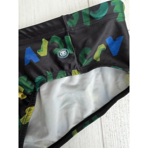 Mundo Unico Men's Brief Swimsuit Sz XL Black Blue Green Letters - Picture 2 of 4